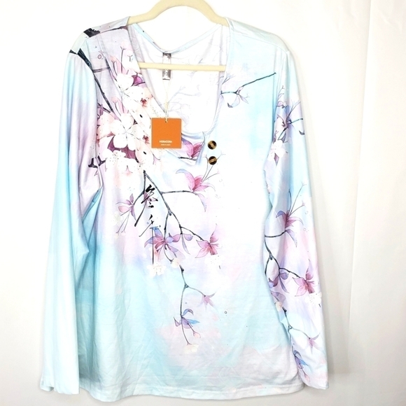 Noracora Asymmetric Collar Shirt Size 4XL Floral Long Sleeve Stretchy Top NWT - Picture 1 of 14
